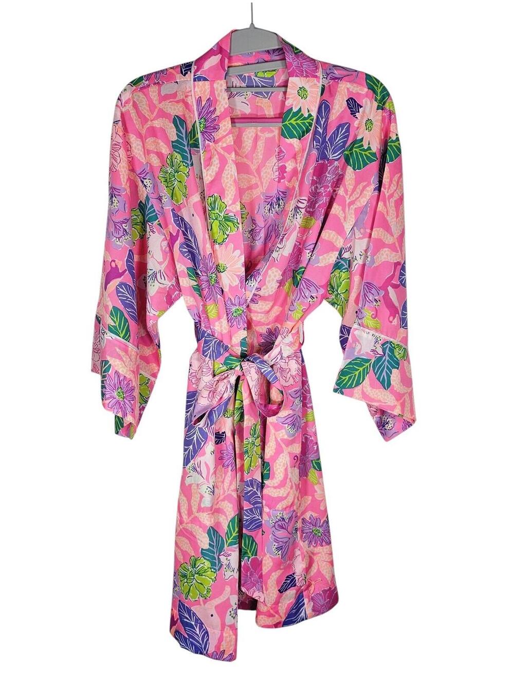 Lilly Pulitzer Kimono Robe S/M Pink Tropical Floral Elephant Print 2022